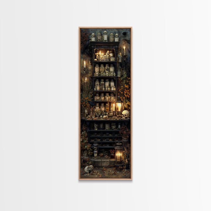 The Candlelit Skull Apothecary - Occult Still Life, Halloween Wall Art, Tall Narrow Wall Art, Framed Canvas Print, Halloween Home Decor