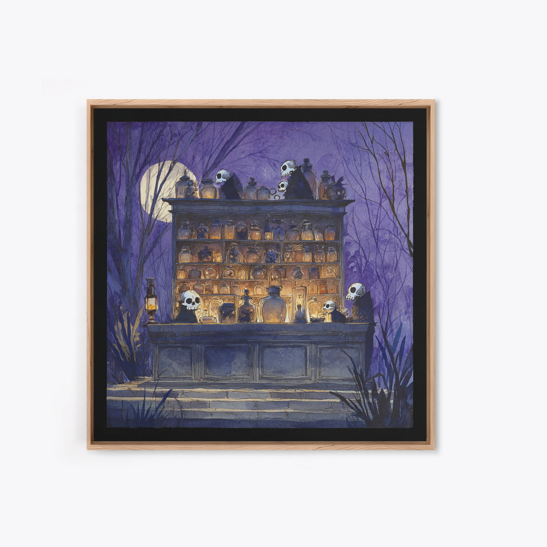 The Candlelit Skull Apothecary - Procession Scene, Macabre Halloween Art, Square Wall Art, Framed Canvas Print, Halloween Home Decor