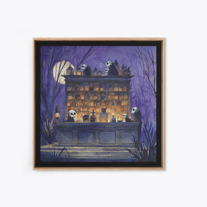 The Candlelit Skull Apothecary - Procession Scene, Macabre Halloween Art, Square Wall Art, Framed Canvas Print, Halloween Home Decor