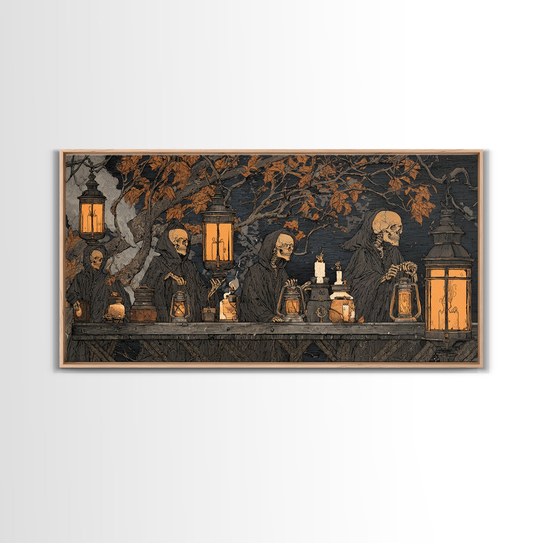 The Candlelit Skull Apothecary - Procession Scene, Spooky Wall Decor, Wide Panoramic Art, Framed Canvas Print, Halloween Home Decor