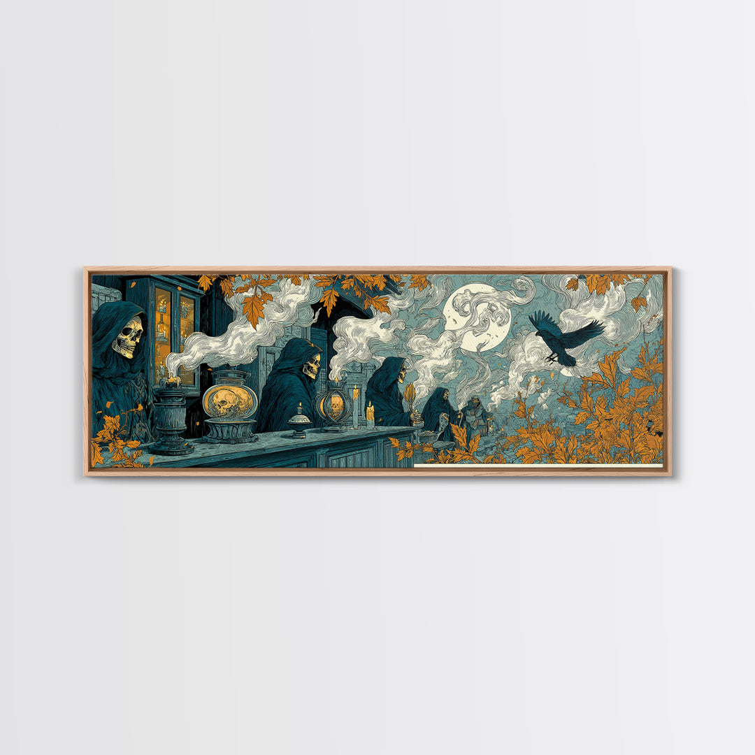 The Candlelit Skull Apothecary - Procession Scene, Macabre Halloween Art, Extra Wide Wall Art, Framed Canvas Print, Halloween Home Decor