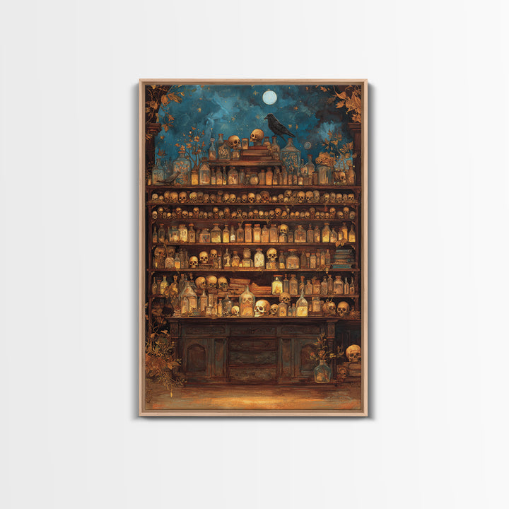 The Candlelit Skull Apothecary - Surreal Celestial Vision, Spooky Wall Decor, Vertical Wall Art, Framed Canvas Print, Halloween Home Decor