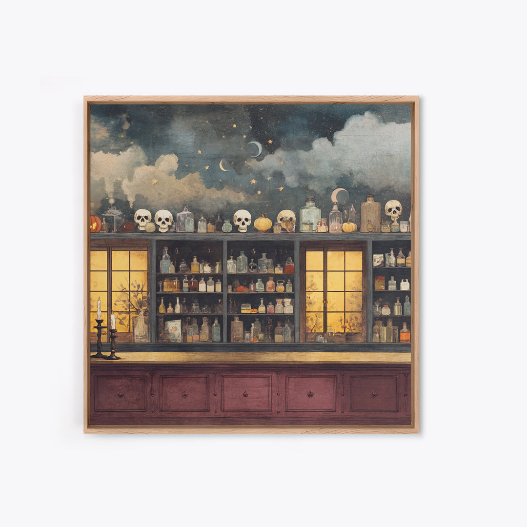 The Candlelit Skull Apothecary - Surreal Celestial Vision, Macabre Halloween Art, Square Wall Art, Framed Canvas Print, Halloween Home Decor