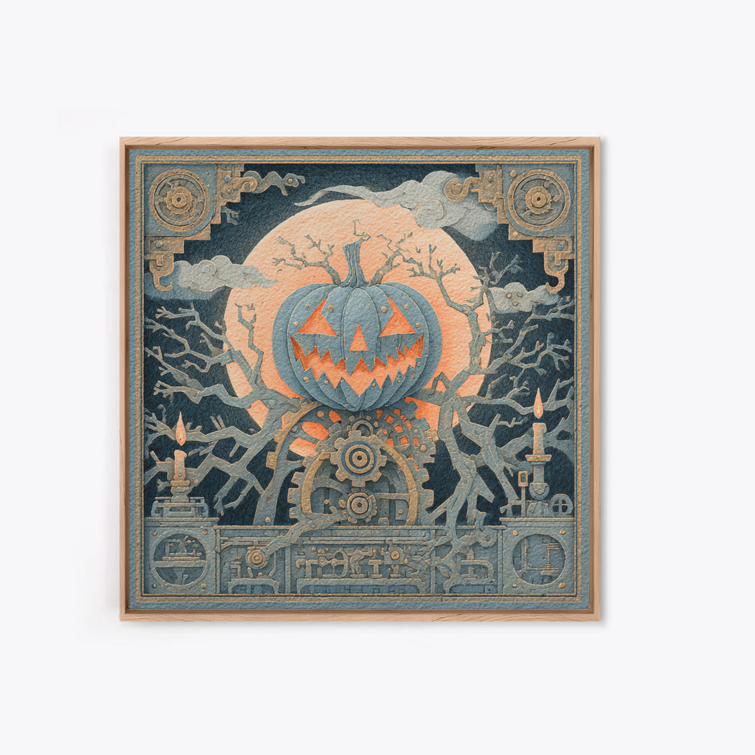 The Clockwork Jack-O-Lantern - Icon Portrait, Macabre Halloween Art, Square Wall Art, Framed Canvas Print, Halloween Home Decor