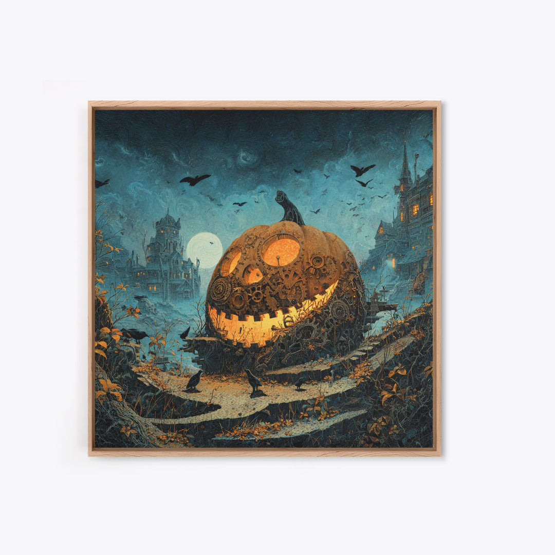 The Clockwork Jack-O-Lantern - Environmental Panorama, Macabre Halloween Art, Square Wall Art, Framed Canvas Print, Halloween Home Decor