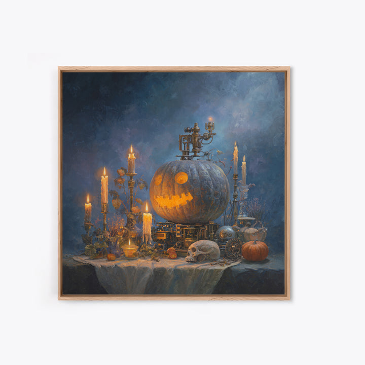 The Clockwork Jack-O-Lantern - Occult Still Life, Halloween Wall Art, Square Wall Art, Framed Canvas Print, Halloween Home Decor