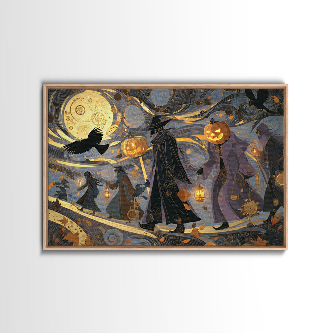 The Clockwork Jack-O-Lantern - Procession Scene, Halloween Wall Art, Landscape Wall Art, Framed Canvas Print, Halloween Home Decor
