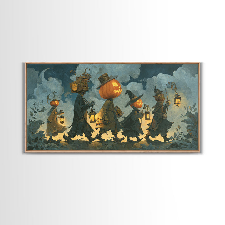 The Clockwork Jack-O-Lantern - Procession Scene, Gothic Home Decor, Wide Panoramic Art, Canvas Print, Halloween Home Decor, Gothic Wall Art
