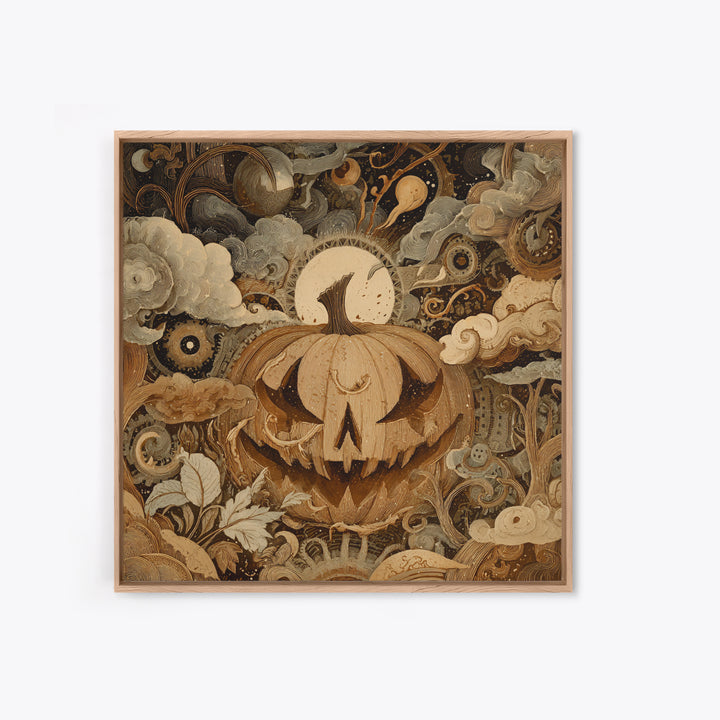 The Clockwork Jack-O-Lantern - Surreal Celestial Vision, Spooky Wall Decor, Square Wall Art, Framed Canvas Print, Halloween Home Decor