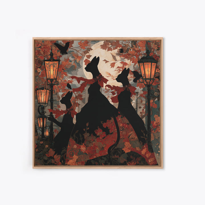The Moonlit Cat Masquerade - Icon Portrait, Macabre Halloween Art, Square Wall Art, Framed Canvas Print, Halloween Home Decor