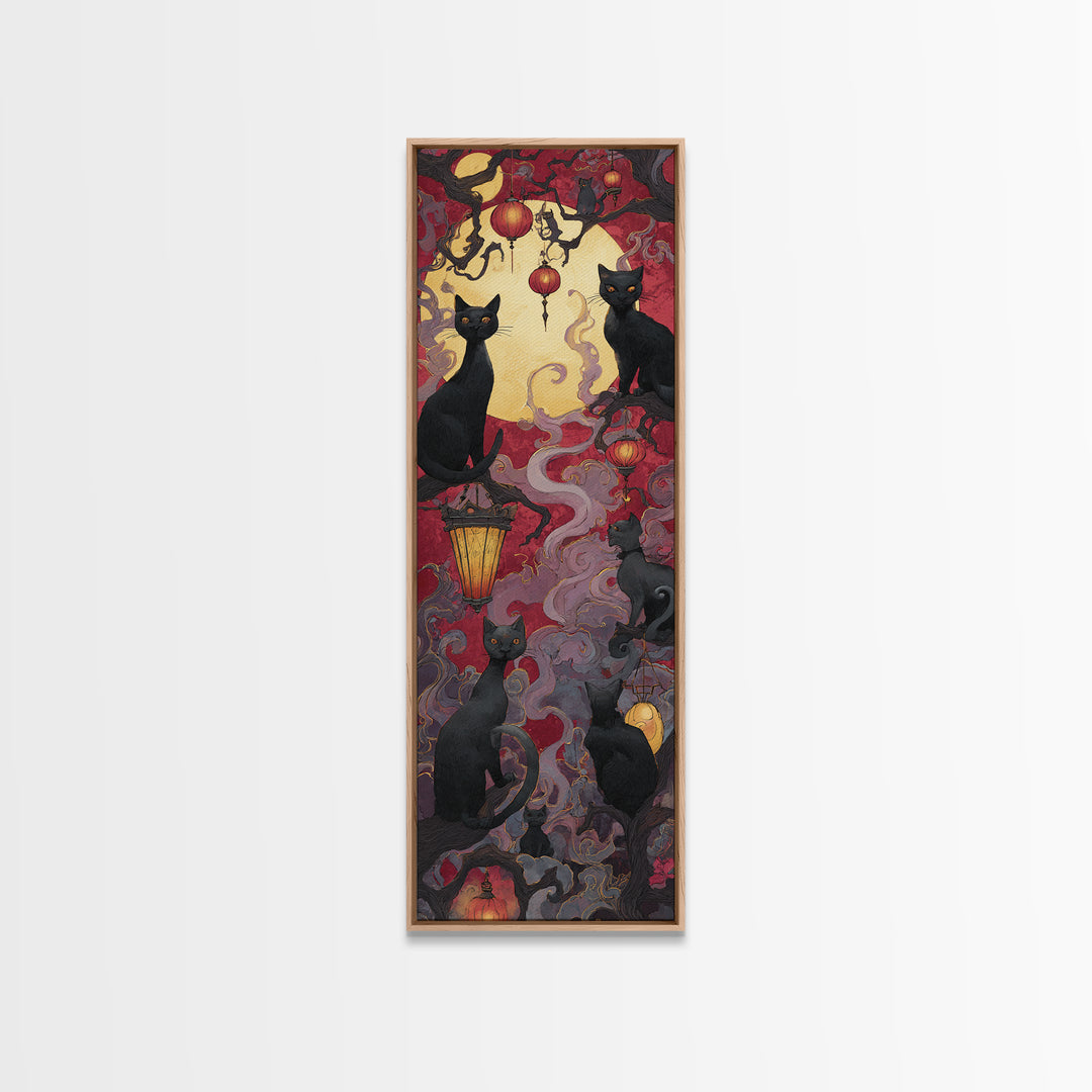 The Moonlit Cat Masquerade - Icon Portrait, Occult Wall Decor, Tall Narrow Wall Art, Canvas Print, Halloween Home Decor, Gothic Wall Art