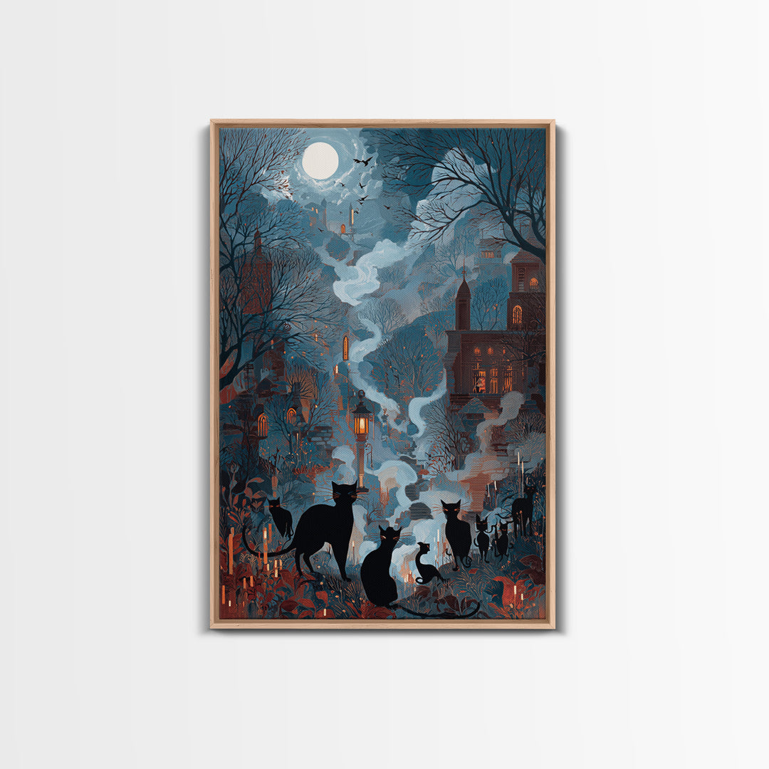 The Moonlit Cat Masquerade - Environmental Panorama, Dark Fantasy Wall Art, Vertical Wall Art, Canvas Print, Halloween Home Decor