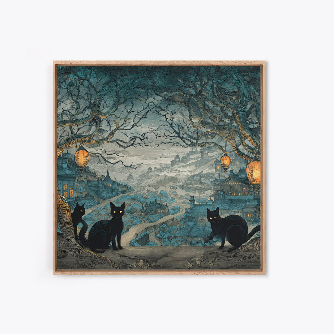 The Moonlit Cat Masquerade - Environmental Panorama, Spooky Wall Decor, Square Wall Art, Framed Canvas Print, Halloween Home Decor