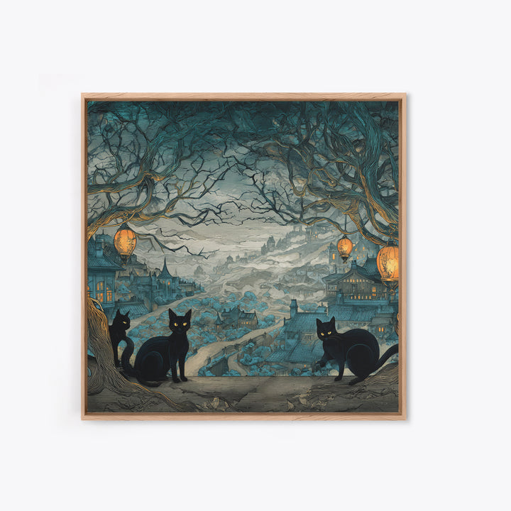 The Moonlit Cat Masquerade - Environmental Panorama, Spooky Wall Decor, Square Wall Art, Framed Canvas Print, Halloween Home Decor