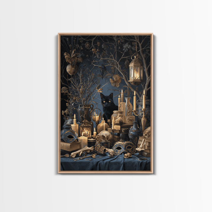 The Moonlit Cat Masquerade - Occult Still Life, Halloween Wall Art, Vertical Wall Art, Framed Canvas Print, Halloween Home Decor