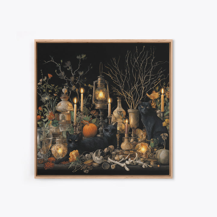 The Moonlit Cat Masquerade - Occult Still Life, Dark Fantasy Wall Art, Square Wall Art, Canvas Print, Halloween Home Decor, Gothic Wall Art