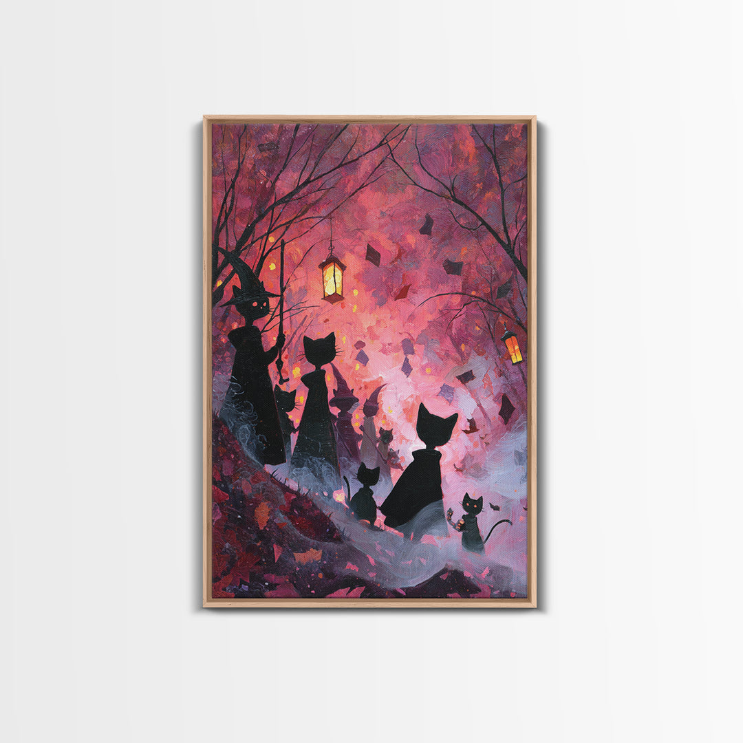 The Moonlit Cat Masquerade - Procession Scene, Macabre Halloween Art, Vertical Wall Art, Framed Canvas Print, Halloween Home Decor