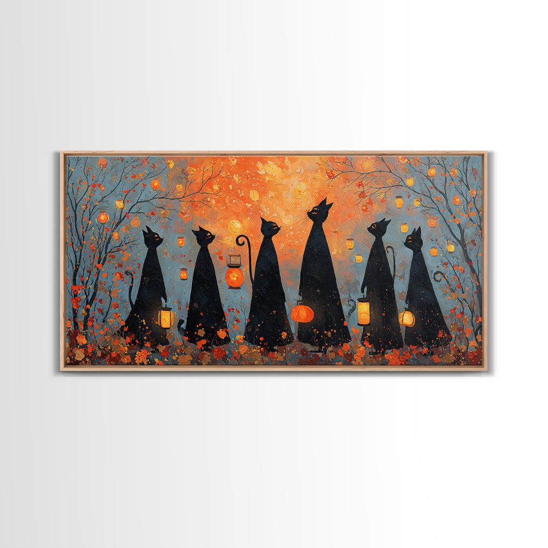 The Moonlit Cat Masquerade - Procession Scene, Spooky Wall Decor, Wide Panoramic Art, Framed Canvas Print, Halloween Home Decor