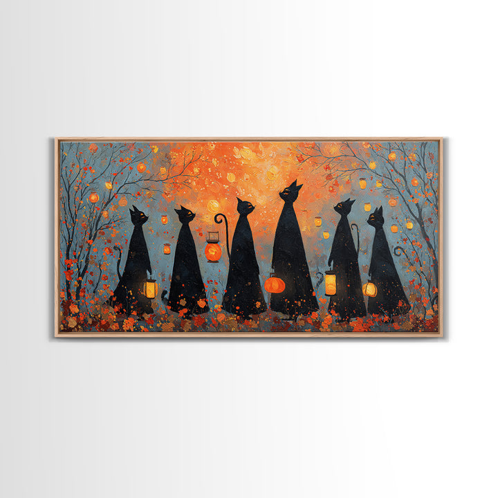 The Moonlit Cat Masquerade - Procession Scene, Spooky Wall Decor, Wide Panoramic Art, Framed Canvas Print, Halloween Home Decor