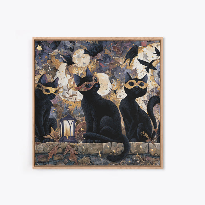 The Moonlit Cat Masquerade - Surreal Celestial Vision, Occult Wall Decor, Square Wall Art, Canvas Print, Halloween Home Decor