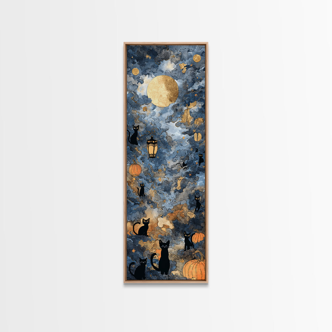 The Moonlit Cat Masquerade - Surreal Celestial Vision, Occult Wall Decor, Tall Narrow Wall Art, Canvas Print, Halloween Home Decor