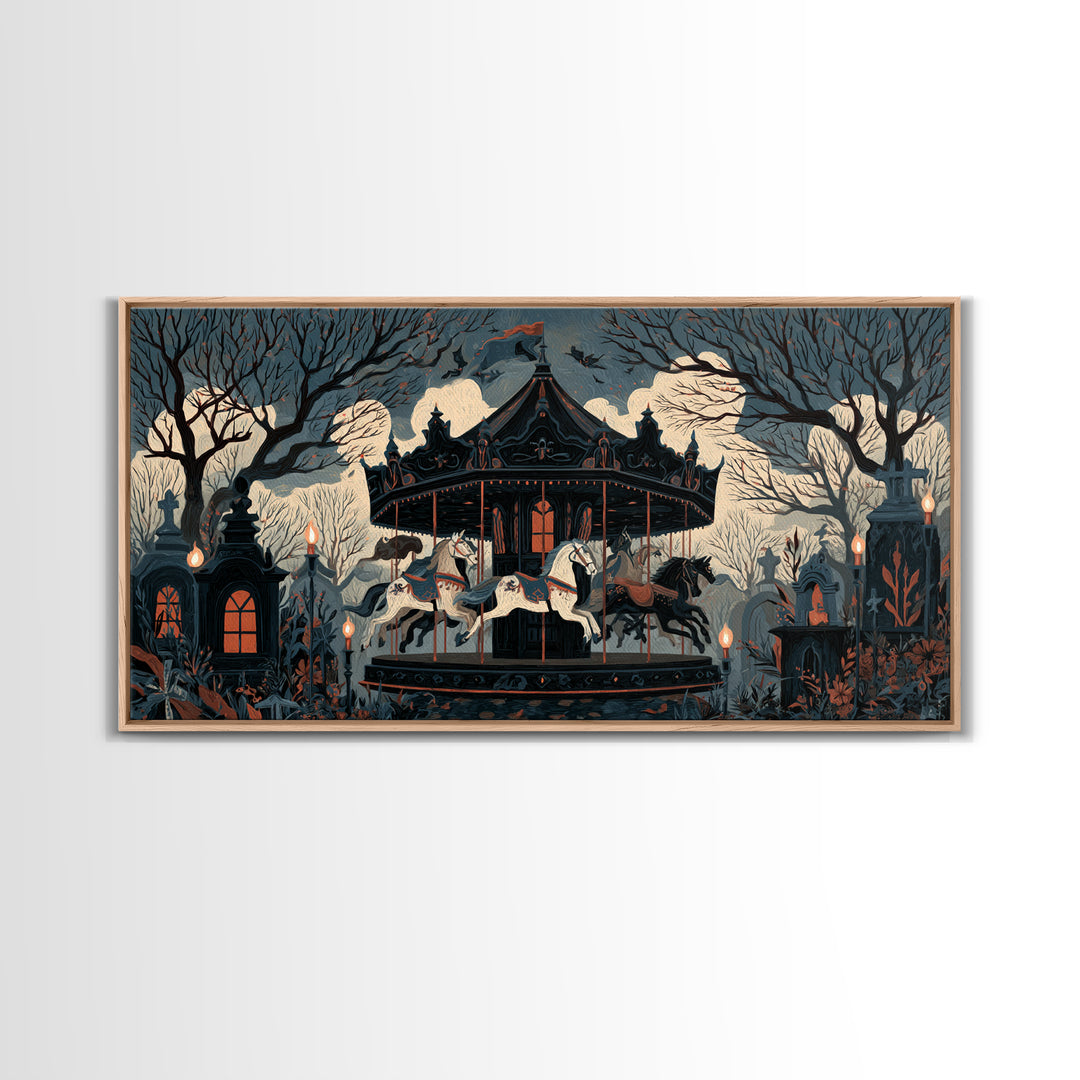 The Graveyard Carousel - Icon Portrait, Occult Wall Decor, Wide Panoramic Art, Canvas Print, Halloween Home Decor, Gothic Wall Art