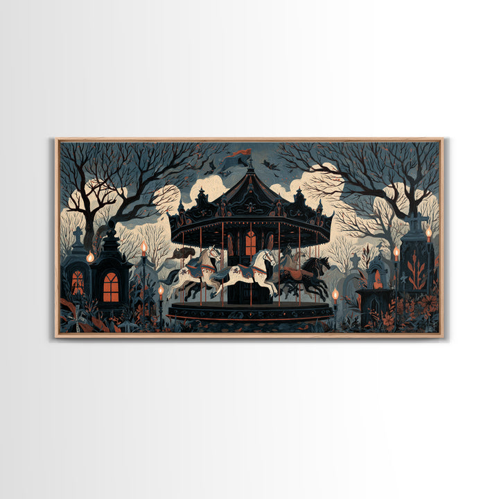 The Graveyard Carousel - Icon Portrait, Occult Wall Decor, Wide Panoramic Art, Canvas Print, Halloween Home Decor, Gothic Wall Art