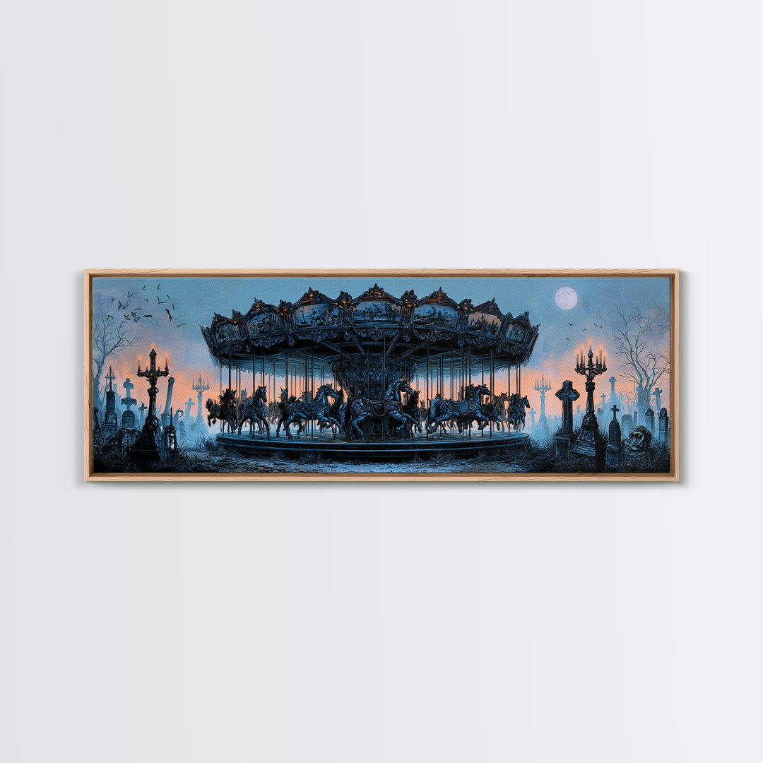 The Graveyard Carousel - Icon Portrait, Dark Fantasy Wall Art, Extra Wide Wall Art, Canvas Print, Halloween Home Decor, Gothic Wall Art