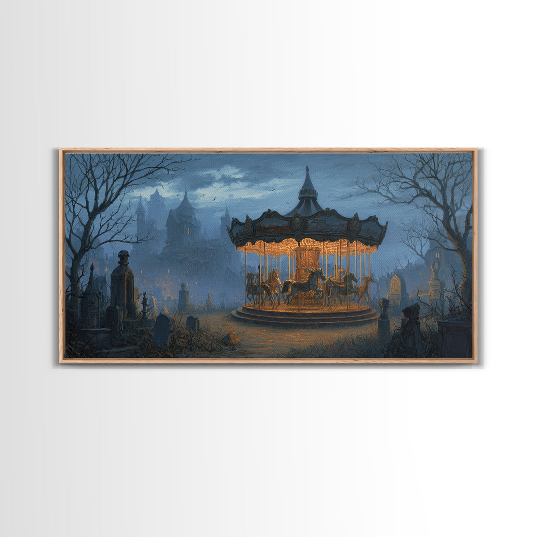 The Graveyard Carousel - Environmental Panorama, Spooky Wall Decor, Wide Panoramic Art, Framed Canvas Print, Halloween Home Decor