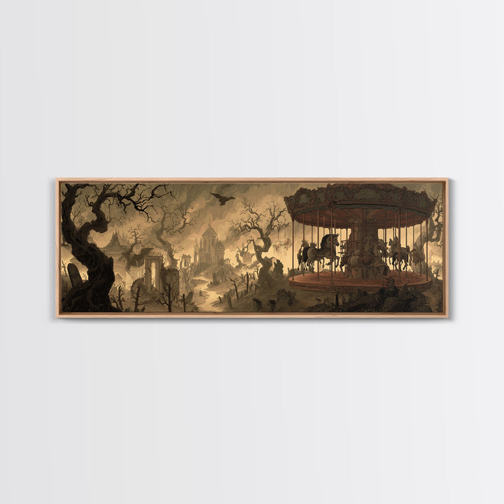 The Graveyard Carousel - Environmental Panorama, Dark Fantasy Wall Art, Extra Wide Wall Art, Canvas Print, Halloween Home Decor
