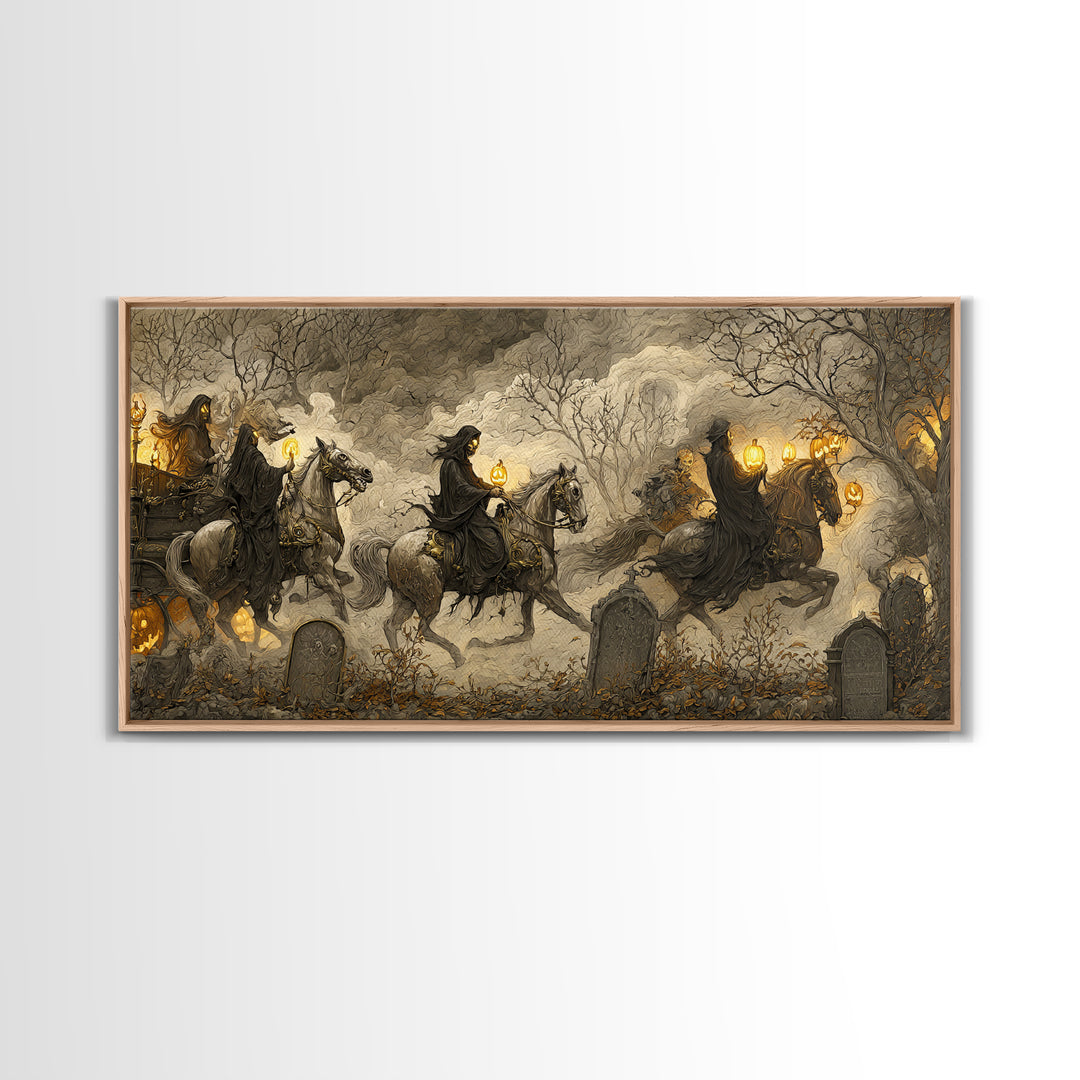 The Graveyard Carousel - Procession Scene, Halloween Wall Art, Wide Panoramic Art, Framed Canvas Print, Halloween Home Decor
