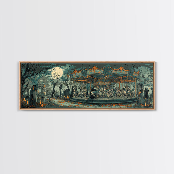 The Graveyard Carousel - Procession Scene, Halloween Wall Art, Extra Wide Wall Art, Framed Canvas Print, Halloween Home Decor