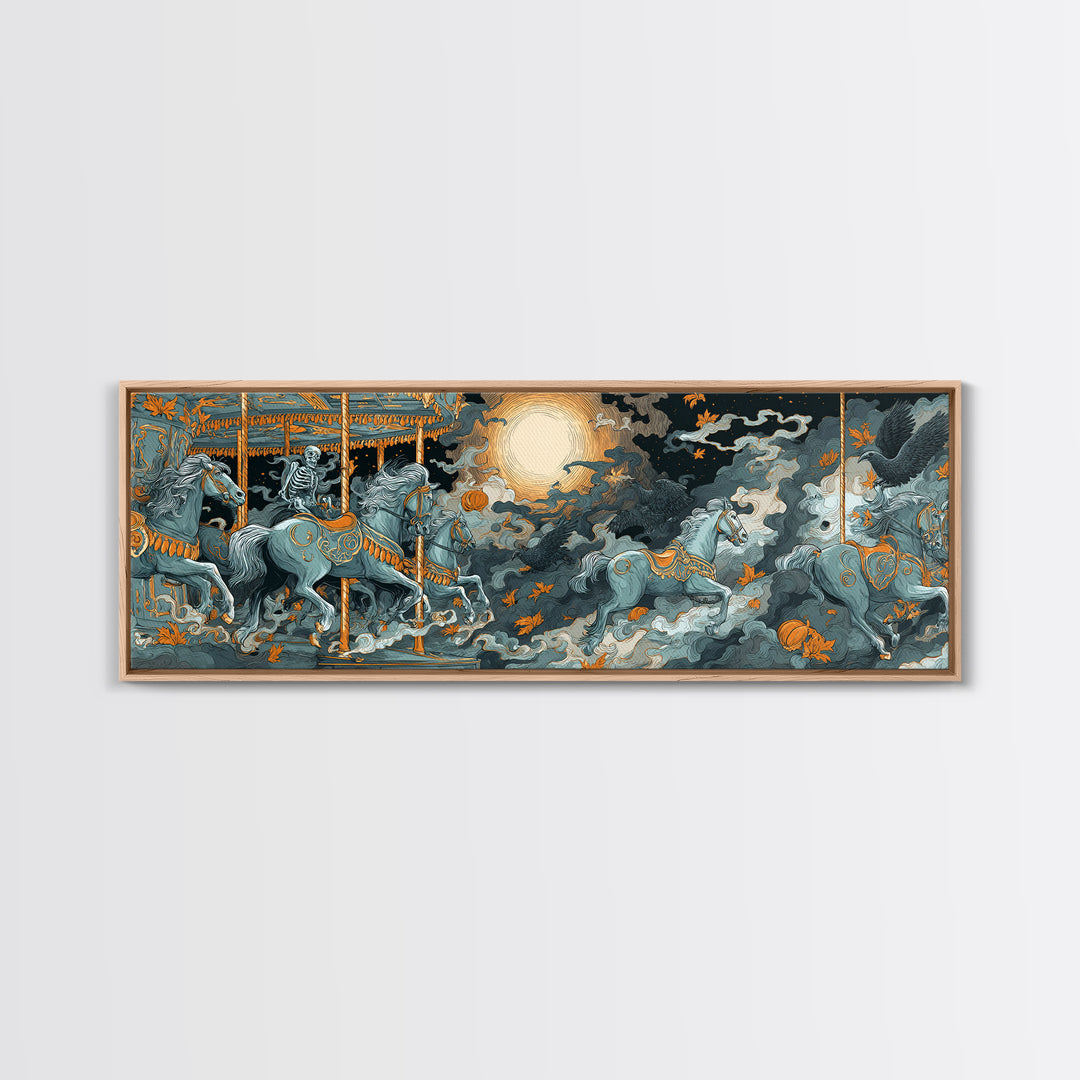 The Graveyard Carousel - Surreal Celestial Vision, Spooky Wall Decor, Extra Wide Wall Art, Framed Canvas Print, Halloween Home Decor