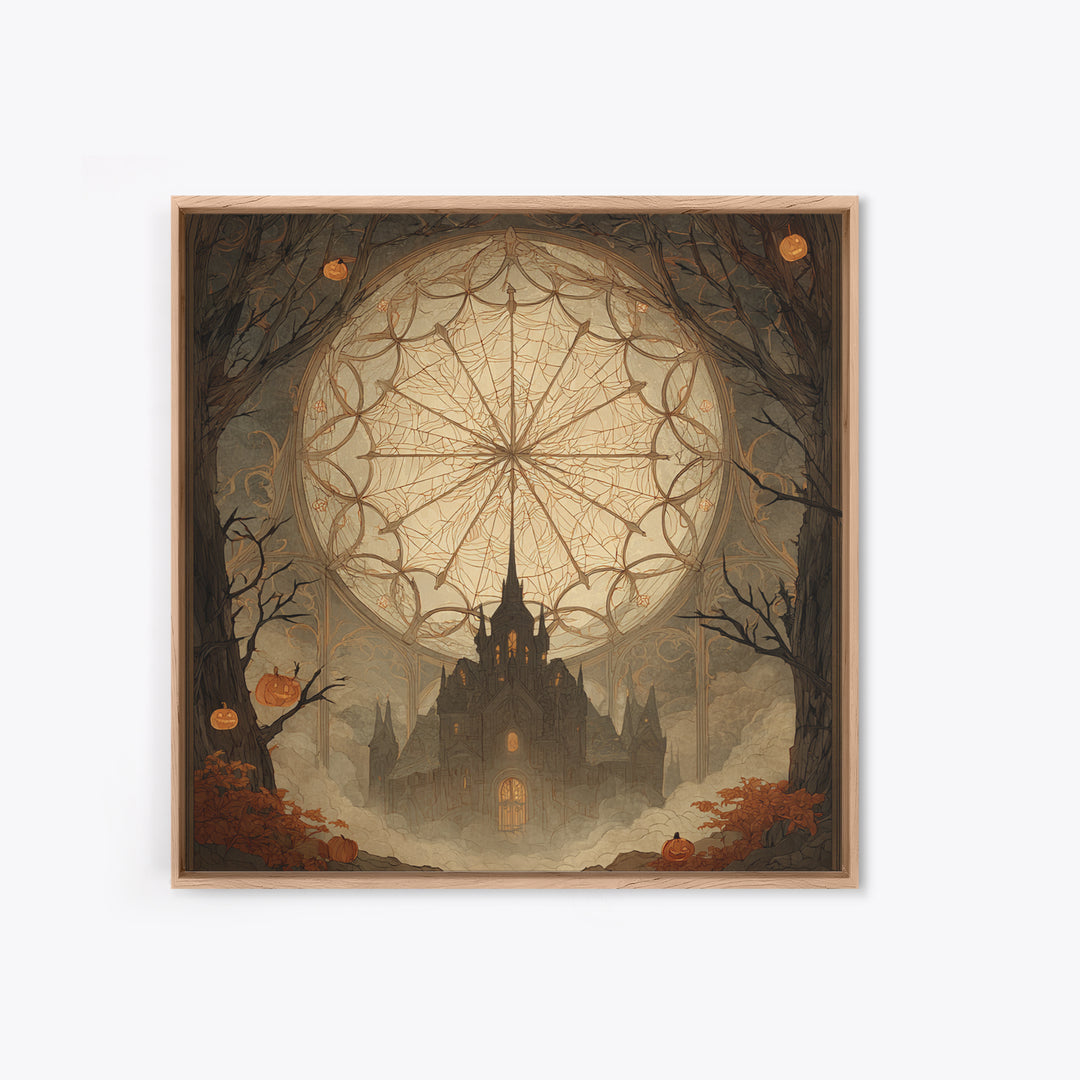 The Spiderweb Cathedral Window - Icon Portrait, Occult Wall Decor, Square Wall Art, Canvas Print, Halloween Home Decor, Gothic Wall Art