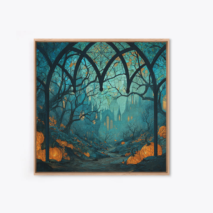 The Spiderweb Cathedral Window - Environmental Panorama, Halloween Wall Art, Square Wall Art, Framed Canvas Print, Halloween Home Decor