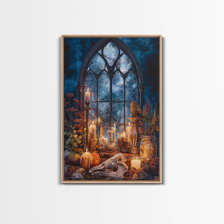 The Spiderweb Cathedral Window - Occult Still Life, Dark Fantasy Wall Art, Vertical Wall Art, Canvas Print, Halloween Home Decor