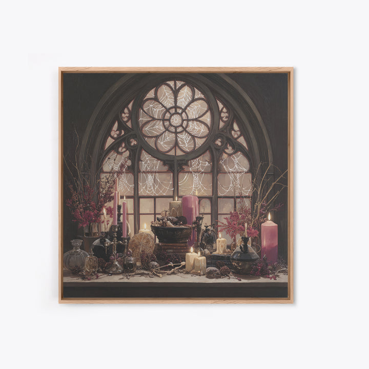 The Spiderweb Cathedral Window - Occult Still Life, Spooky Wall Decor, Square Wall Art, Framed Canvas Print, Halloween Home Decor