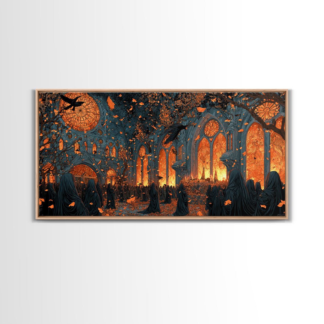 The Spiderweb Cathedral Window - Procession Scene, Occult Wall Decor, Wide Panoramic Art, Canvas Print, Halloween Home Decor