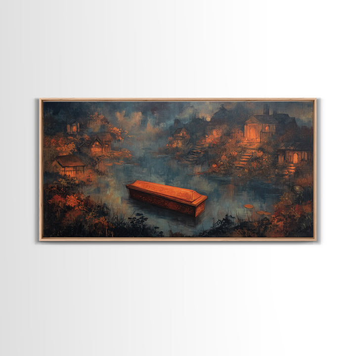 The Floating Coffin Garden - Environmental Panorama, Occult Wall Decor, Wide Panoramic Art, Canvas Print, Halloween Home Decor