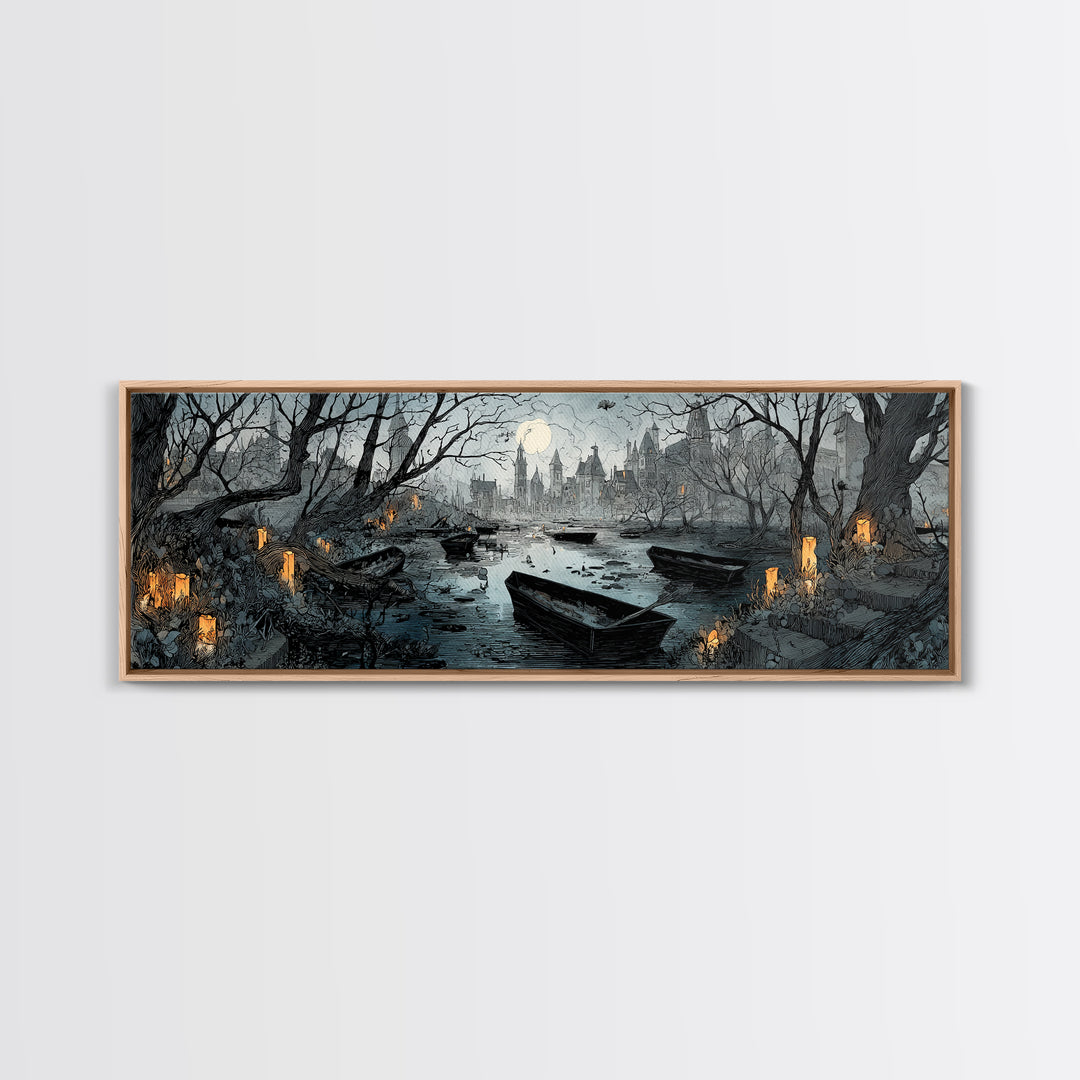The Floating Coffin Garden - Environmental Panorama, Dark Fantasy Wall Art, Extra Wide Wall Art, Canvas Print, Halloween Home Decor