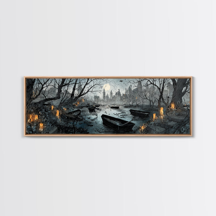 The Floating Coffin Garden - Environmental Panorama, Dark Fantasy Wall Art, Extra Wide Wall Art, Canvas Print, Halloween Home Decor