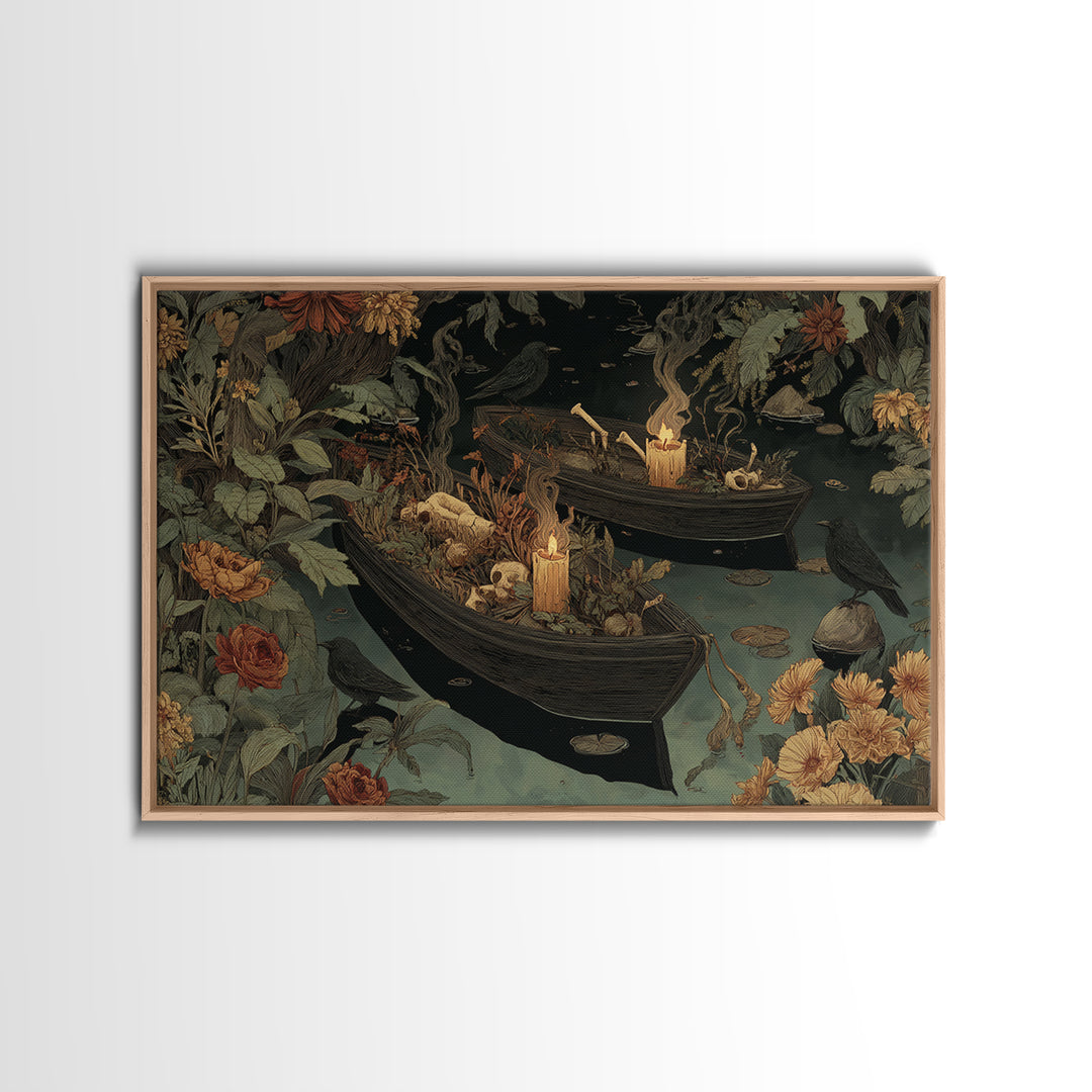 The Floating Coffin Garden - Occult Still Life, Spooky Wall Decor, Landscape Wall Art, Framed Canvas Print, Halloween Home Decor