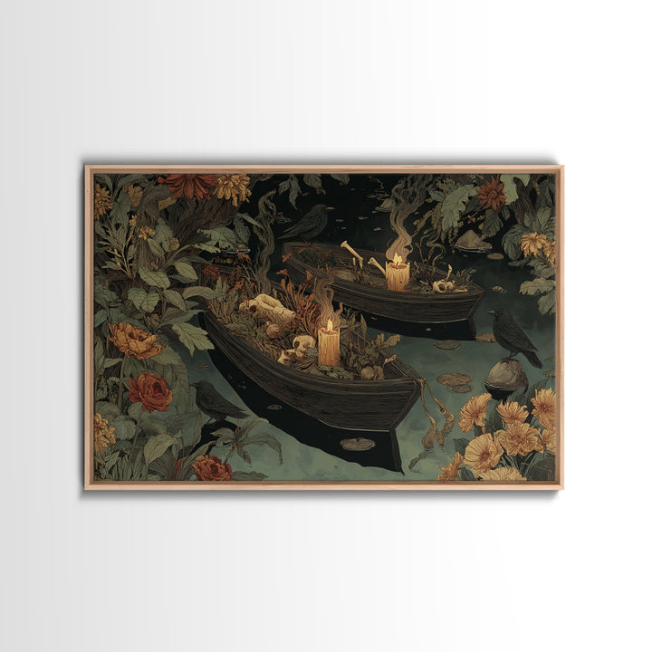 The Floating Coffin Garden - Occult Still Life, Spooky Wall Decor, Landscape Wall Art, Framed Canvas Print, Halloween Home Decor