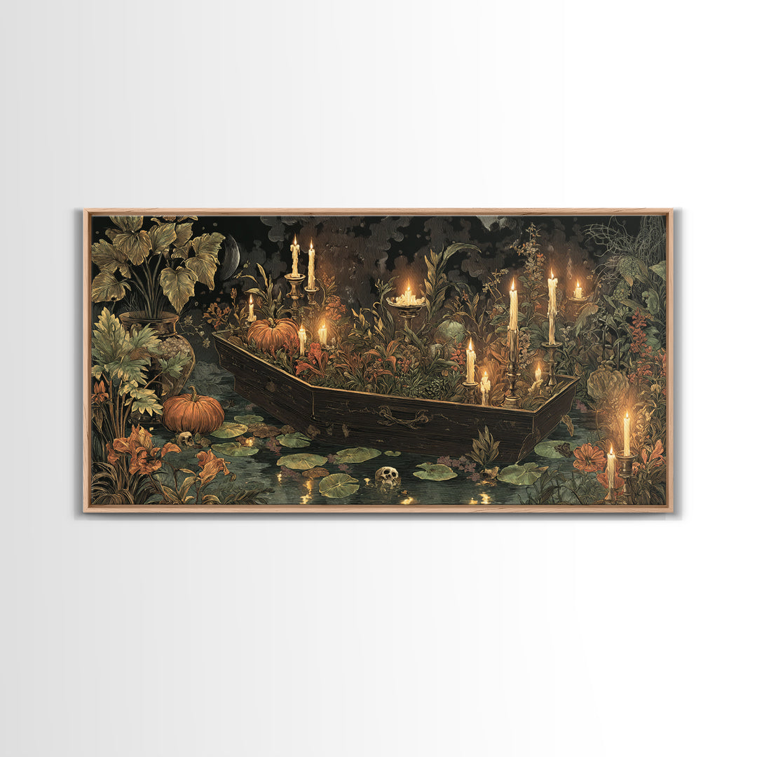 The Floating Coffin Garden - Occult Still Life, Spooky Wall Decor, Wide Panoramic Art, Framed Canvas Print, Halloween Home Decor