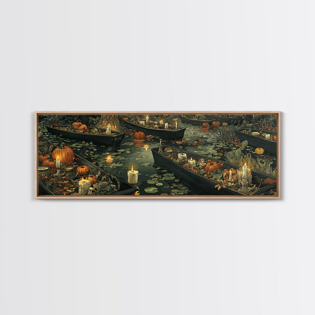 The Floating Coffin Garden - Occult Still Life, Spooky Wall Decor, Extra Wide Wall Art, Framed Canvas Print, Halloween Home Decor