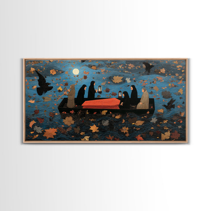 The Floating Coffin Garden - Procession Scene, Macabre Halloween Art, Wide Panoramic Art, Framed Canvas Print, Halloween Home Decor