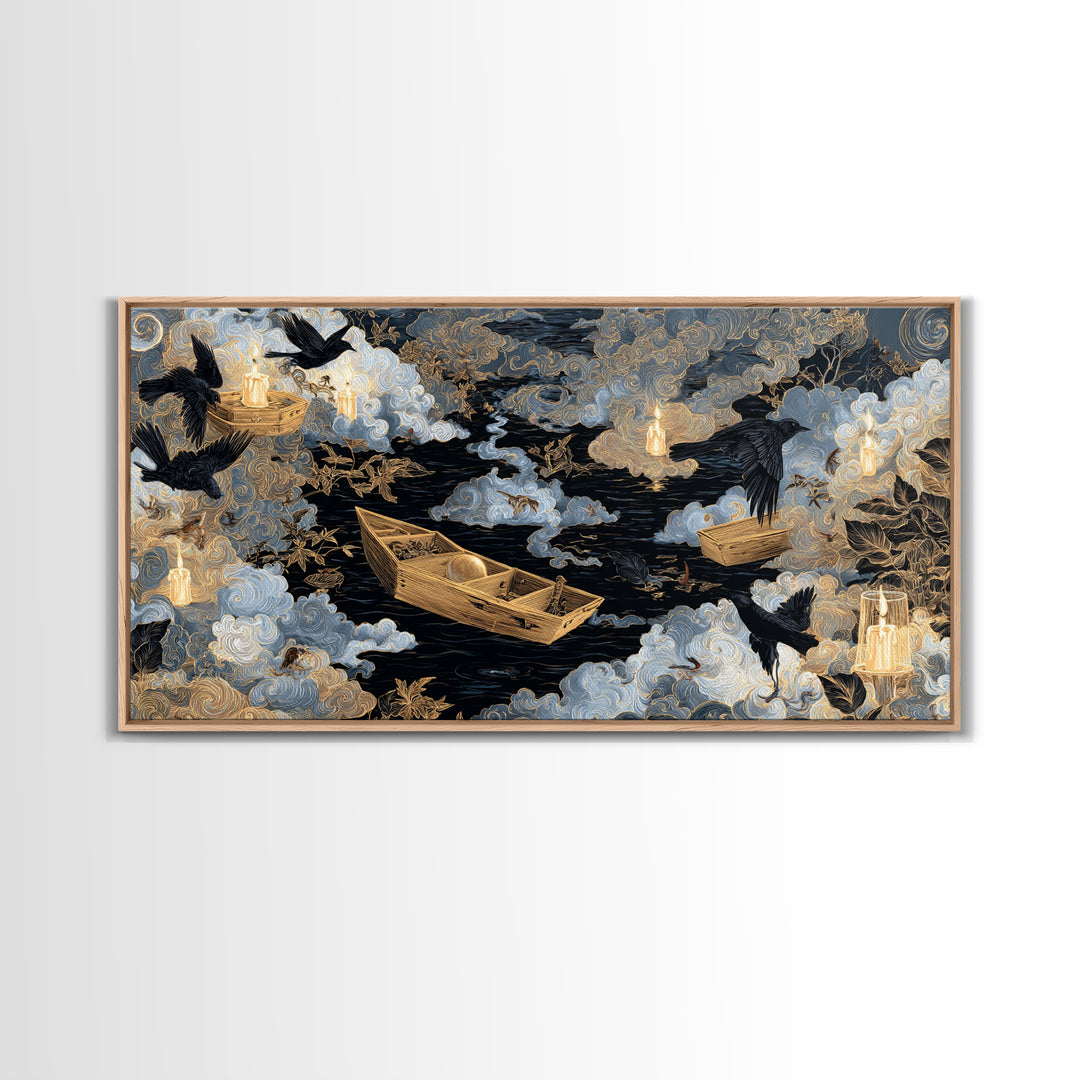 The Floating Coffin Garden - Surreal Celestial Vision, Halloween Wall Art, Wide Panoramic Art, Framed Canvas Print, Halloween Home Decor