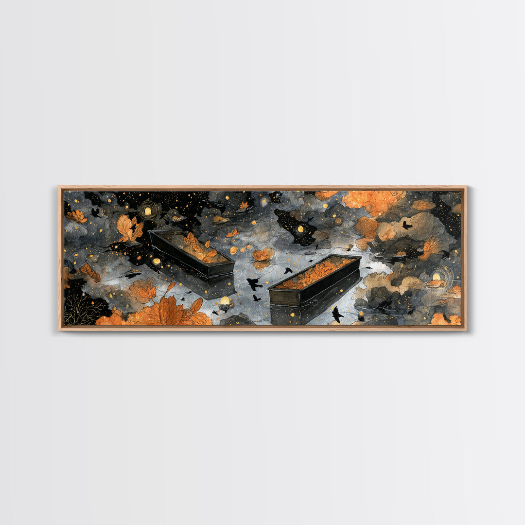 The Floating Coffin Garden - Surreal Celestial Vision, Spooky Wall Decor, Extra Wide Wall Art, Framed Canvas Print, Halloween Home Decor
