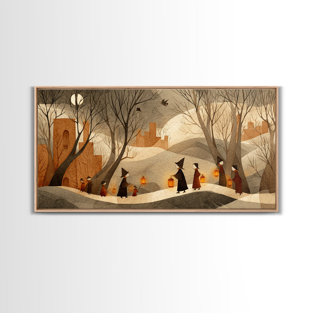 The Autumn Reaper Parade - Environmental Panorama, Spooky Wall Decor, Wide Panoramic Art, Framed Canvas Print, Halloween Home Decor
