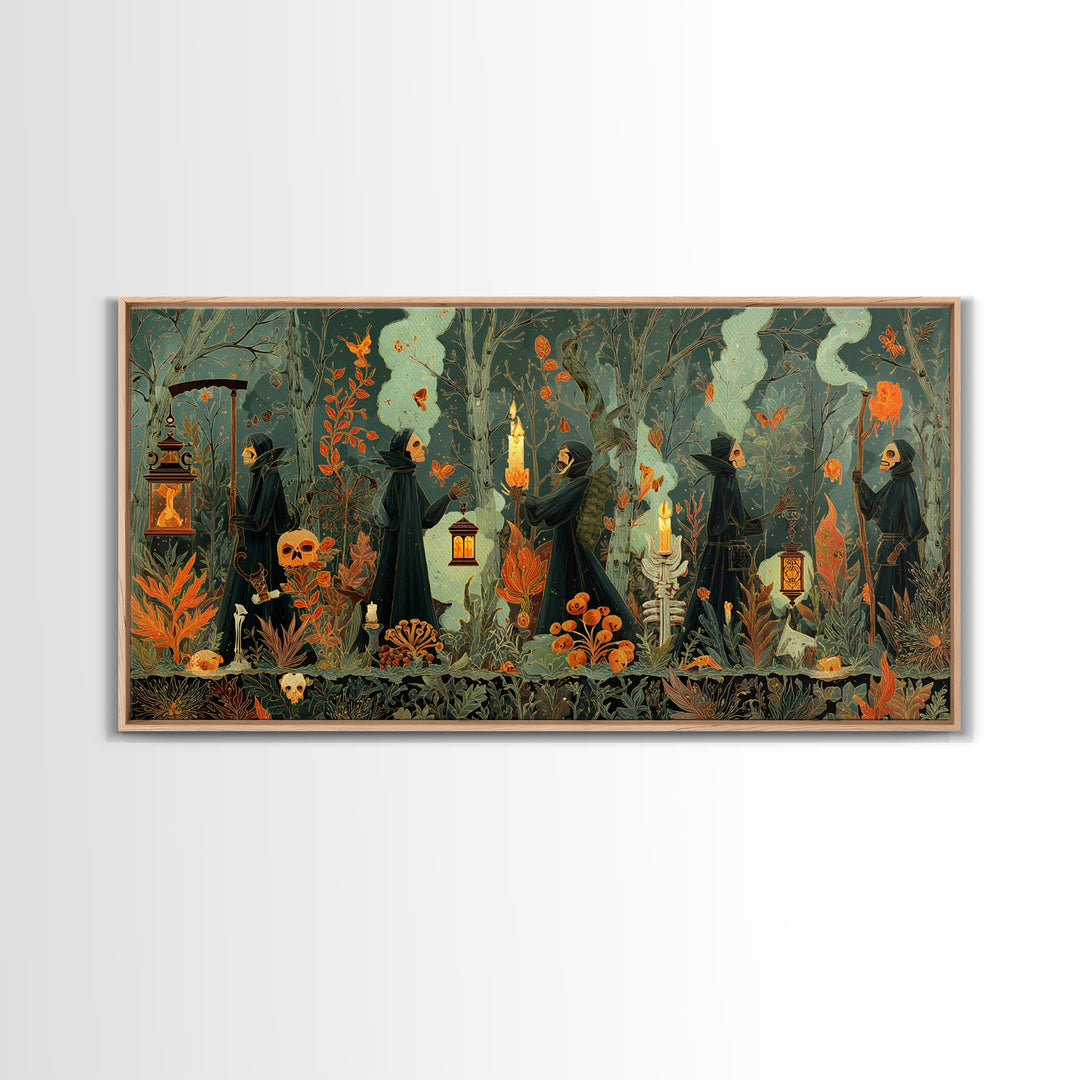 The Autumn Reaper Parade - Occult Still Life, Occult Wall Decor, Wide Panoramic Art, Canvas Print, Halloween Home Decor, Gothic Wall Art